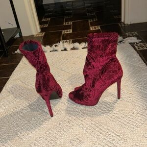 Peep toe crushed velvet crimson heels